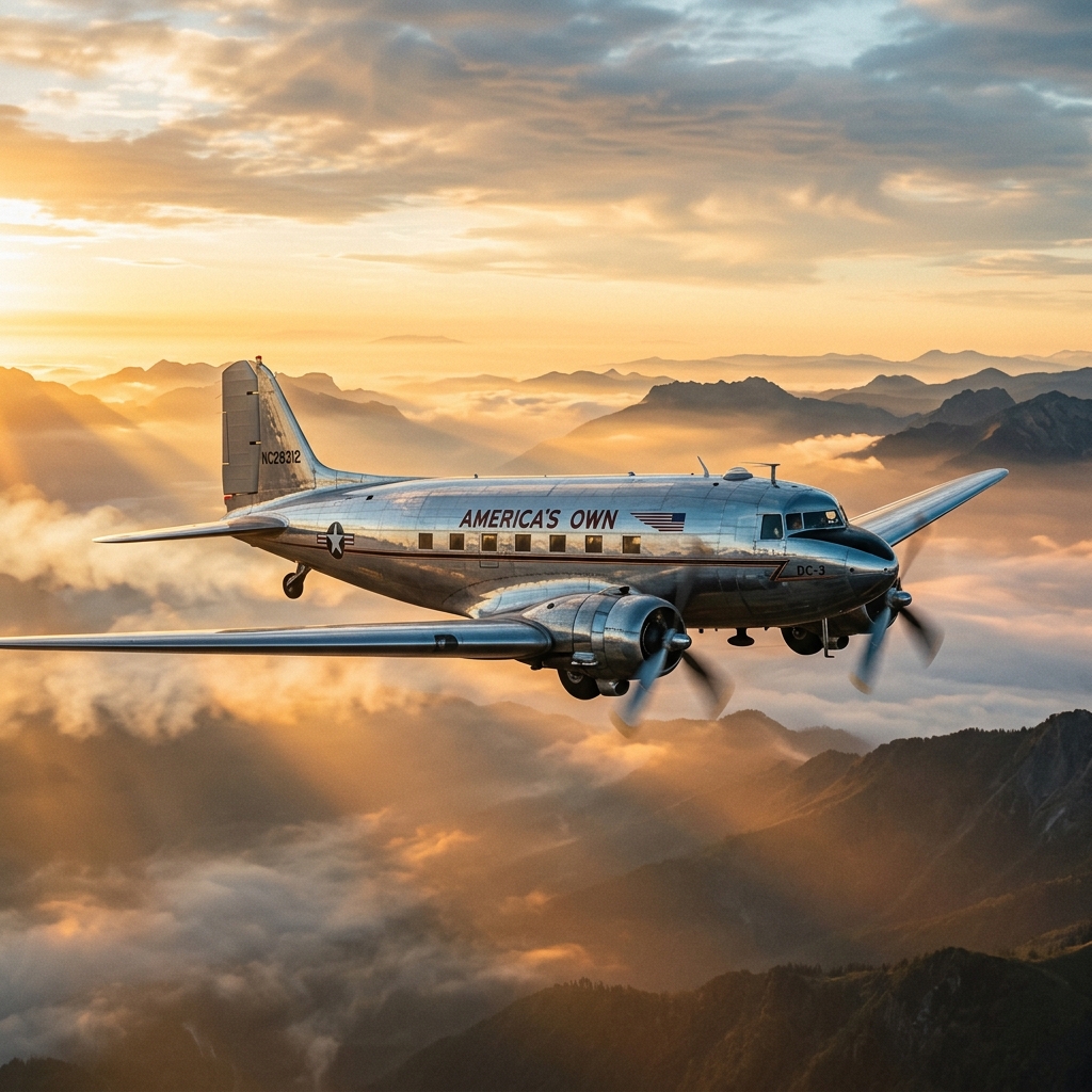 Douglas DC-3 flying through morning fog at sunrise