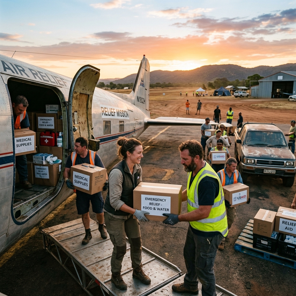 Relief supplies being unloaded from Douglas DC-3